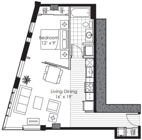 Floor plan for 1 bed, 1 bath, 662 sqft